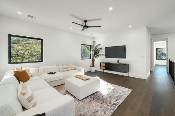 Interior, Living room, Recessed Lighting, Wood Texture Flooring