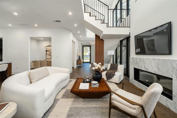 Fireplace, Interior, Living room, Recessed Lighting, Wood Texture Flooring