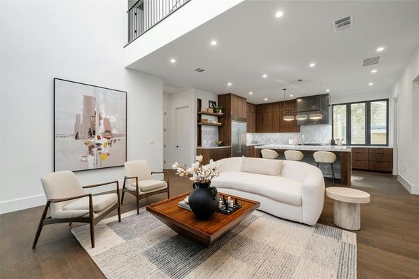 Interior, Kitchen, Living room, Pendant Lights, Recessed Lighting, Stainless Steel Appliances, Wood Texture Flooring