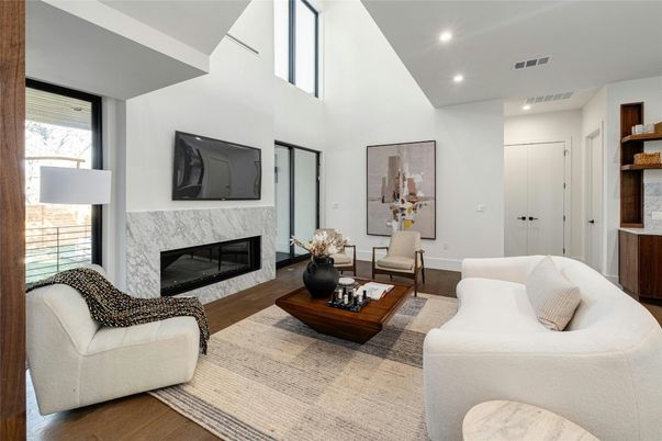 Fireplace, Interior, Living room, Recessed Lighting, Wood Texture Flooring
