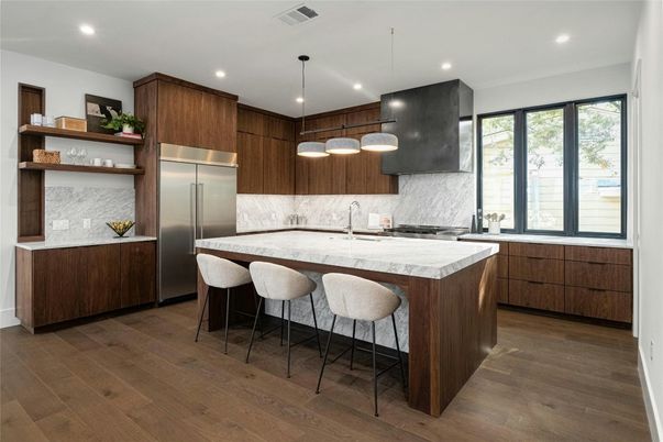 Interior, Kitchen, Pendant Lights, Recessed Lighting, Stainless Steel Appliances, Wood Texture Flooring
