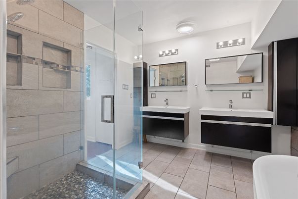 Bathroom, Dual Sink Vanities, Glass Shower, Interior