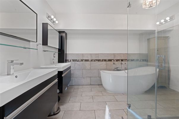 Bathroom, Dual Sink Vanities, Free Standing Baths, Glass Shower, Interior
