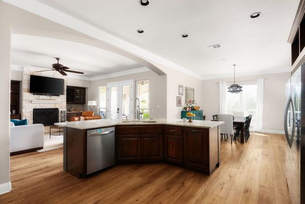 Dining room, Fireplace, Interior, Kitchen, Living room, Pendant Lights, Recessed Lighting, Stone Walls, Wood Texture Flooring