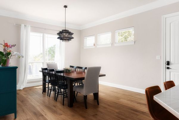Dining room, Interior, Pendant Lights, Wood Texture Flooring