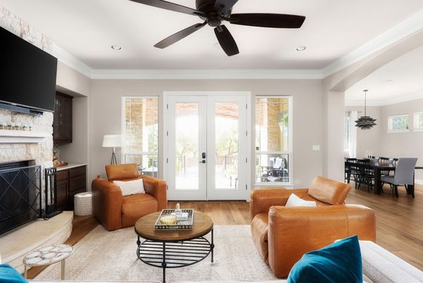 Dining room, Fireplace, Interior, Living room, Pendant Lights, Recessed Lighting, Wood Texture Flooring