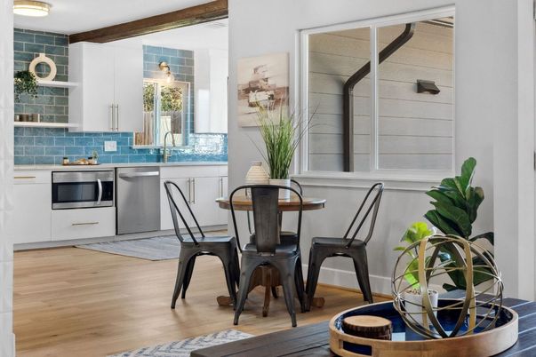 Dining room, Interior, Kitchen, Stainless Steel Appliances, Wood Texture Flooring
