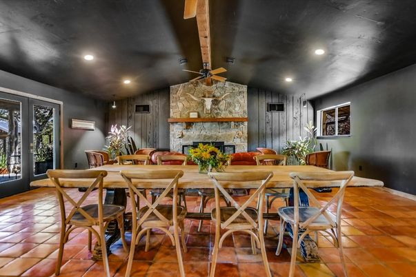 Dining room, Fireplace, Interior, Recessed Lighting, Stone Walls