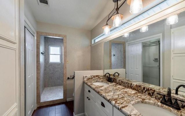 Bathroom, Dual Sink Vanities, Interior, Pendant Lights, Wood Texture Flooring
