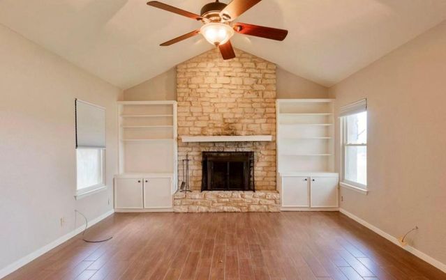 Empty room, Fireplace, Interior, Stone Walls, Wood Texture Flooring