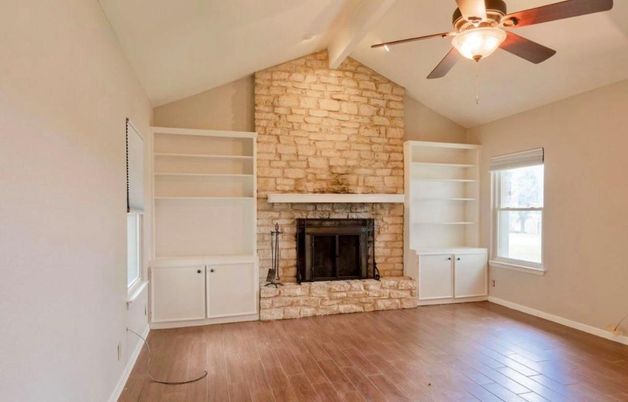 Empty room, Fireplace, Interior, Stone Walls, Wood Texture Flooring