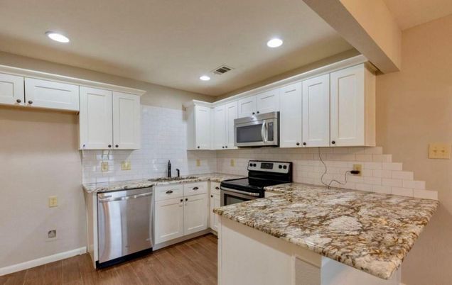 Interior, Kitchen, Recessed Lighting, Stainless Steel Appliances, Wood Texture Flooring