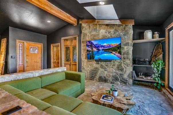 Interior, Living room, Recessed Lighting, Stone Walls, Wooden Beams