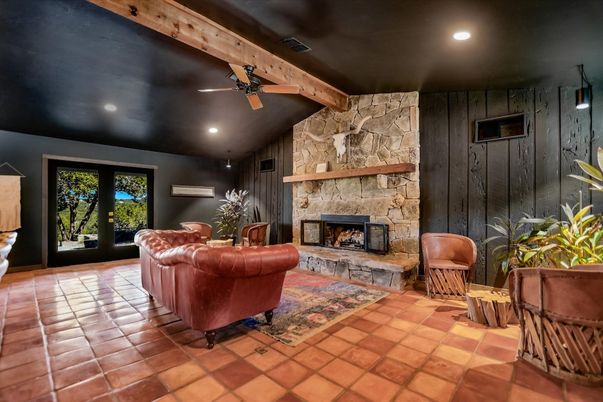 Fireplace, Interior, Living room, Recessed Lighting, Stone Walls