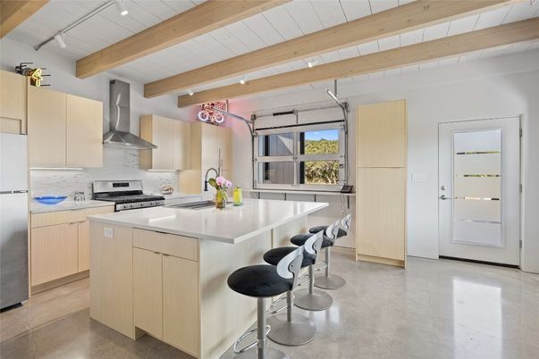 Interior, Kitchen, Recessed Lighting, Stainless Steel Appliances, Wooden Beams