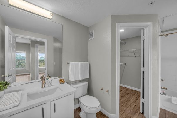 Bathroom, Interior, Recessed Lighting, Walk-in Closets, Wood Texture Flooring