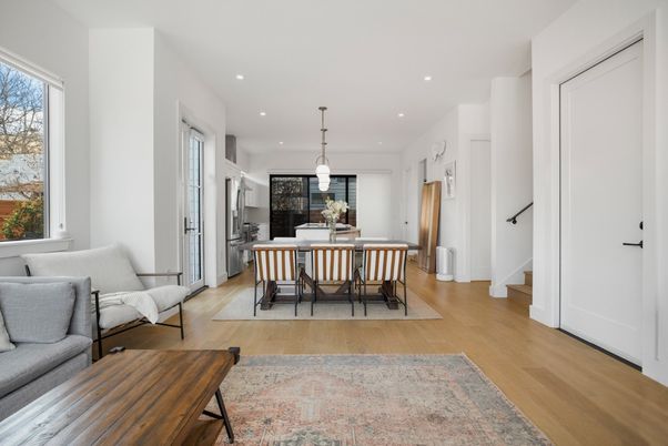Dining room, Interior, Pendant Lights, Recessed Lighting, Wood Texture Flooring