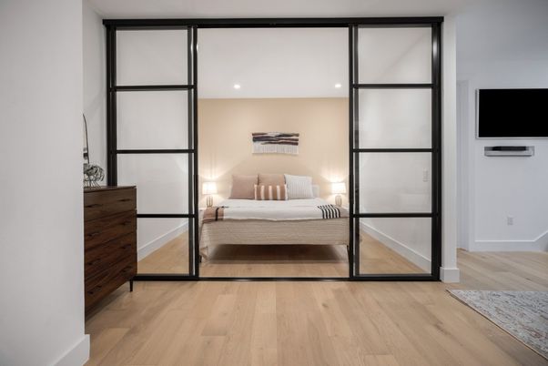 Bedroom, Interior, Recessed Lighting, Wood Texture Flooring