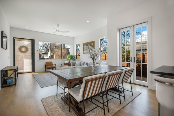 Dining room, Interior, Recessed Lighting, Wood Texture Flooring