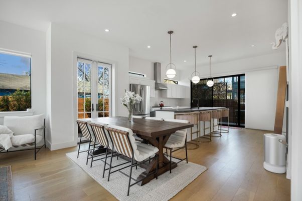 Dining room, Interior, Kitchen, Pendant Lights, Recessed Lighting, Stainless Steel Appliances, Wood Texture Flooring