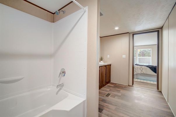 Bathroom, Interior, Recessed Lighting, Wood Texture Flooring