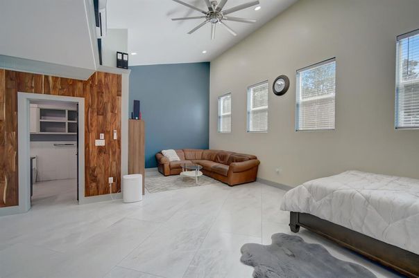Bedroom, Interior, Recessed Lighting, Wooden Walls