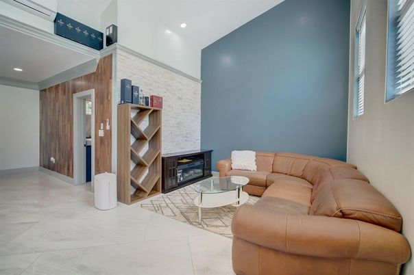 Fireplace, Interior, Living room, Recessed Lighting, Stone Walls