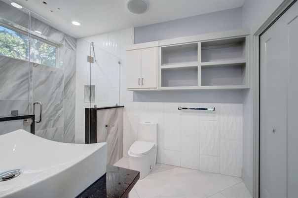 Bathroom, Glass Shower, Interior, Marble Walls, Recessed Lighting