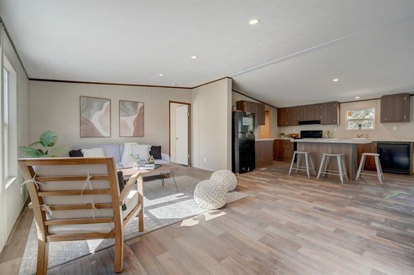 Interior, Kitchen, Living room, Recessed Lighting, Wood Texture Flooring