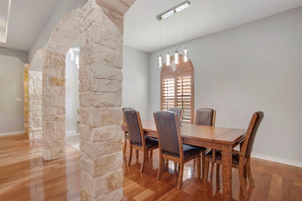Dining room, Interior, Pendant Lights, Stone Walls, Wood Texture Flooring