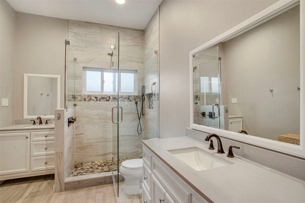 Bathroom, Glass Shower, Interior, Recessed Lighting, Wood Texture Flooring