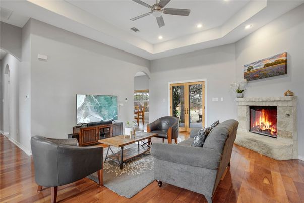 Fireplace, Interior, Living room, Recessed Lighting, Wood Texture Flooring