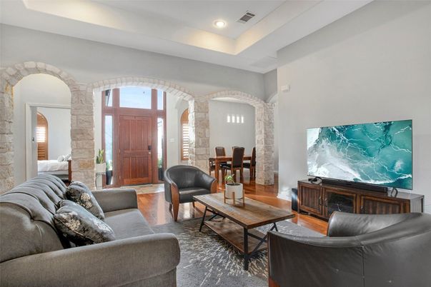 Interior, Living room, Recessed Lighting, Stone Walls, Wood Texture Flooring