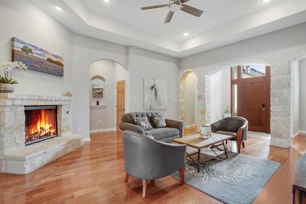 Fireplace, Interior, Living room, Recessed Lighting, Wood Texture Flooring