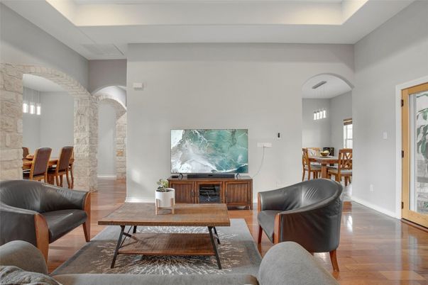 Dining room, Interior, Living room, Pendant Lights, Stone Walls, Wood Texture Flooring