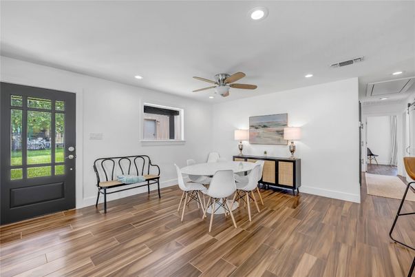 Dining room, Interior, Recessed Lighting, Wood Texture Flooring