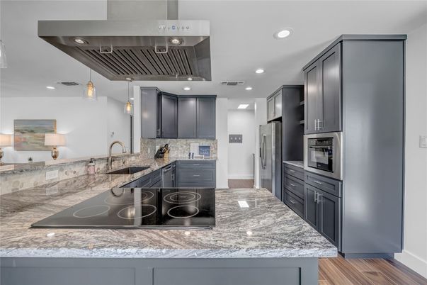 Interior, Kitchen, Pendant Lights, Recessed Lighting, Stainless Steel Appliances, Wood Texture Flooring