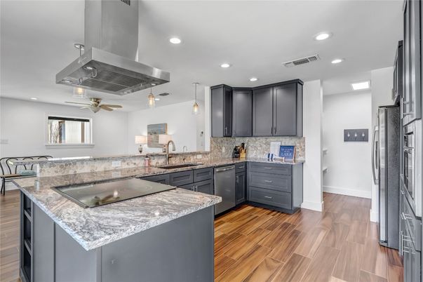 Interior, Kitchen, Pendant Lights, Recessed Lighting, Stainless Steel Appliances, Wood Texture Flooring