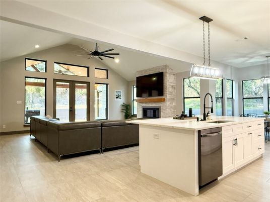 Fireplace, Interior, Kitchen, Living room, Pendant Lights, Recessed Lighting, Stone Walls, Wood Texture Flooring