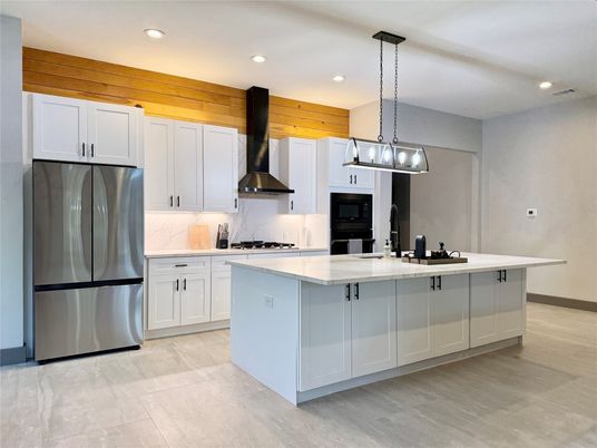 Interior, Kitchen, Pendant Lights, Recessed Lighting, Stainless Steel Appliances, Wood Texture Flooring
