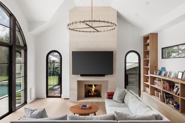 Fireplace, Interior, Living room, Pendant Lights, Recessed Lighting, Wood Texture Flooring