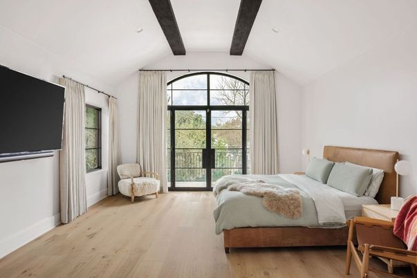 Bedroom, Interior, Recessed Lighting, Wooden Beams, Wood Texture Flooring