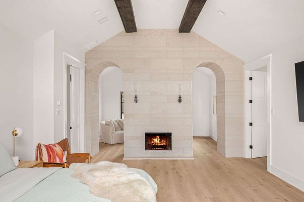 Bedroom, Fireplace, Interior, Recessed Lighting, Stone Walls, Wooden Beams, Wood Texture Flooring
