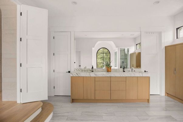 Bathroom, Dual Sink Vanities, Interior, Marble, Recessed Lighting