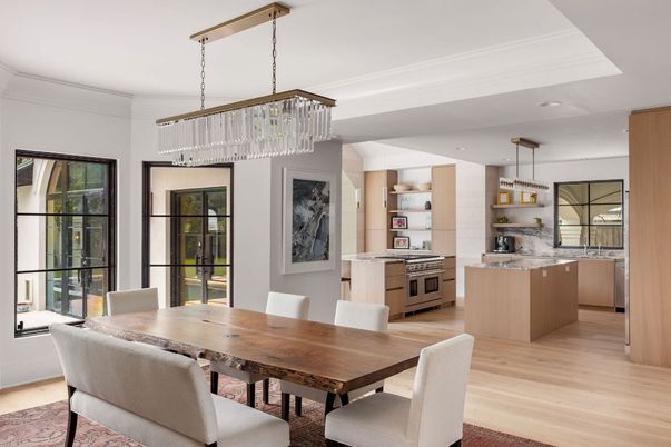 Chandelier, Dining room, Interior, Kitchen, Pendant Lights, Recessed Lighting, Wood Texture Flooring