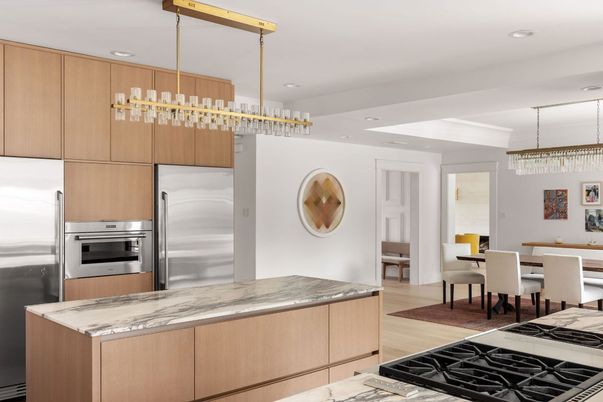 Chandelier, Dining room, Interior, Kitchen, Pendant Lights, Recessed Lighting, Stainless Steel Appliances, Wood Texture Flooring