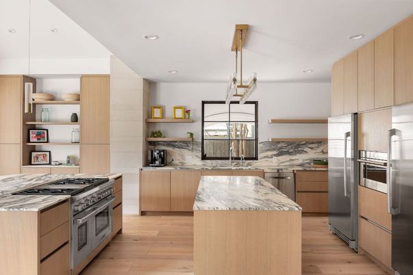 Interior, Kitchen, Pendant Lights, Recessed Lighting, Stainless Steel Appliances, Wood Texture Flooring