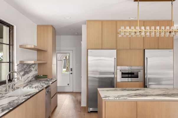 Interior, Kitchen, Recessed Lighting, Stainless Steel Appliances, Wood Texture Flooring