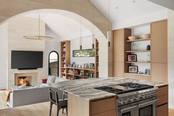 Fireplace, Interior, Kitchen, Living room, Pendant Lights, Recessed Lighting, Stainless Steel Appliances, Wood Texture Flooring