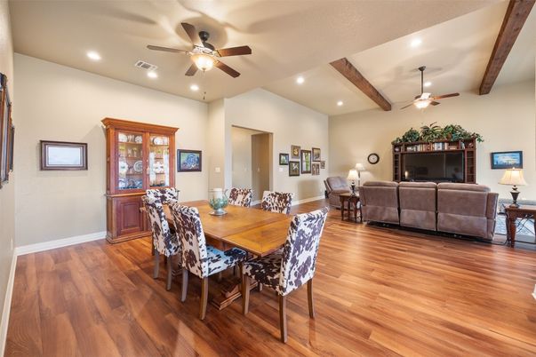 Dining room, Interior, Living room, Recessed Lighting, Wooden Beams, Wood Texture Flooring